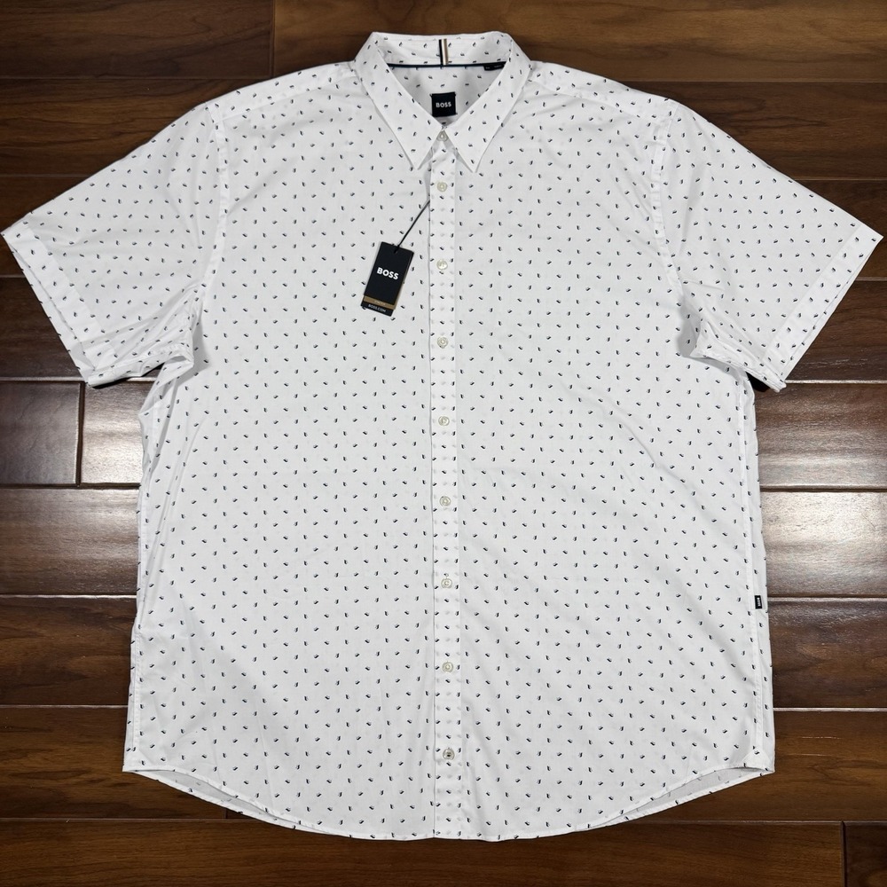 Hugo Boss Men's Size 4XL White Patterned Roan Ken Button Up Short Sleeve Shirt